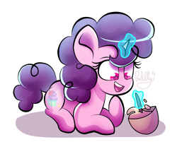 Size: 2827x2268 | Tagged: safe, artist:bubbly-storm, sugar belle, pony, unicorn, bowl, cute, female, high res, magic, mare, mixing bowl, open mouth, prone, redraw, simple background, solo, sugarbetes, telekinesis, white background