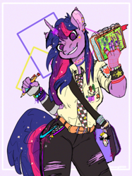 Size: 770x1030 | Tagged: safe, artist:teacorgi, twilight sparkle, anthro, unicorn, '90s, choker, clothes, female, notebook, pen, satchel, smiling, solo, torn clothes