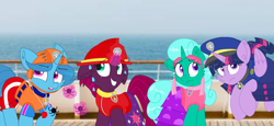 Size: 2340x1080 | Tagged: safe, artist:rainbow eevee edits, artist:徐詩珮, fizzlepop berrytwist, glitter drops, spring rain, tempest shadow, twilight sparkle, twilight sparkle (alicorn), alicorn, unicorn, series:sprglitemplight diary, series:sprglitemplight life jacket days, series:springshadowdrops diary, series:springshadowdrops life jacket days, alternate universe, bisexual, broken horn, clothes, cute, equestria girls outfit, female, glitterbetes, glitterlight, glittershadow, happy, horn, lesbian, lifeguard, lifeguard spring rain, paw patrol, polyamory, prank, shipping, sprglitemplight, spring rain is not amused, springbetes, springdrops, springlight, springshadow, springshadowdrops, swimsuit, tempestbetes, tempestlight, unamused