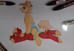 Size: 3383x2345 | Tagged: safe, artist:wittleskaj, big macintosh, braeburn, earth pony, abdl, adult foal, braeby, cousins, diaper, diaper fetish, fetish, male, playful, promarker, stallion, traditional art