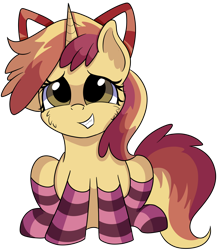 Size: 1280x1445 | Tagged: safe, artist:rainbowtashie, apple bloom, dinky hooves, oc, oc:sparkling apples, earth pony, pony, unicorn, adorable face, bow, clothes, commissioner:bigonionbean, cute, female, fusion, fusion:sparkling apples, mare, socks, striped socks