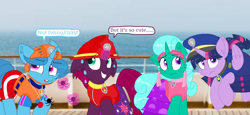 Size: 2340x1080 | Tagged: safe, artist:rainbow eevee edits, artist:徐詩珮, fizzlepop berrytwist, glitter drops, spring rain, tempest shadow, twilight sparkle, twilight sparkle (alicorn), alicorn, unicorn, series:sprglitemplight diary, series:sprglitemplight life jacket days, series:springshadowdrops diary, series:springshadowdrops life jacket days, alternate universe, bisexual, broken horn, clothes, cute, dialogue, equestria girls outfit, female, glitterbetes, glitterlight, glittershadow, happy, horn, lesbian, lifeguard, lifeguard spring rain, paw patrol, polyamory, prank, shipping, sprglitemplight, spring rain is not amused, springbetes, springdrops, springlight, springshadow, springshadowdrops, swimsuit, tempestbetes, tempestlight, unamused