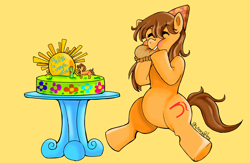 Size: 2299x1495 | Tagged: safe, artist:wndn3, oc, oc:maría teresa de los ponyos paguetti, earth pony, pony, birthday, cake, eating, empanada, female, food, hat, mare, party hat, sitting, solo, ya es hora