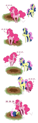 Size: 1177x3769 | Tagged: safe, artist:seishinann, bon bon, pinkie pie, sweetie drops, earth pony, pony, comic, crossover, hole, missing cutie mark, trace