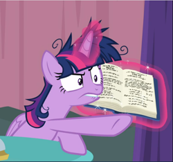 Size: 1006x942 | Tagged: safe, screencap, twilight sparkle, twilight sparkle (alicorn), alicorn, pony, a trivial pursuit, book, cropped, glowing horn, horn, levitation, lip bite, magic, messy mane, pointing, solo, telekinesis