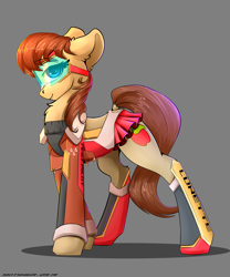 Size: 2500x3000 | Tagged: safe, artist:skitsroom, oc, oc:lunette, earth pony, pony, boots, clothes, cutie mark, female, goggles, gray background, high res, mare, miniskirt, pleated skirt, shoes, simple background, skirt, smiling, solo, visor