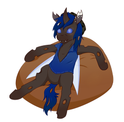 Size: 1000x981 | Tagged: safe, artist:guiltyp, oc, oc:bluey, changeling, armpits, beanbag chair, blue changeling, clothes, simple background, solo, transparent background, vest