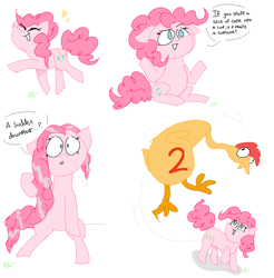 Size: 1310x1330 | Tagged: safe, artist:kirbyrainboom, derpibooru import, part of a set, boneless 2, pinkie pie, earth pony, pony, the last laugh, dialogue, happy, ms paint, open mouth, rubber chicken, signature, simple background, sitting, text, wet mane