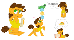 Size: 1950x1066 | Tagged: safe, artist:kirbyrainboom, part of a set, cheese sandwich, gummy, earth pony, pony, accordion, balancing, ball, cute, diacheeses, dialogue, food, frizzy hair, happy, list, ms paint, musical instrument, open mouth, pastry, ponies balancing stuff on their nose, quiche, signature, simple background, sitting, sleeping, static, text, thinking