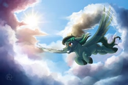 Size: 1280x854 | Tagged: safe, artist:klarapl, oc, oc only, oc:target strike, pegasus, pony, cloud, cloven hooves, commission, cutie mark, flying, male, sky, smiling, solo, sun