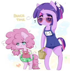Size: 1372x1391 | Tagged: safe, artist:ask-nerdy-twilight, artist:luxjii, pinkie pie, twilight sparkle, crab, earth pony, pony, semi-anthro, :t, alternate hairstyle, angry, armpits, ask nerdy twilight, basket, beach, blushing, bow, clothes, cute, diapinkes, duo, hair bow, inner tube, madorable, no pupils, one-piece swimsuit, pouting, school swimsuit, size difference, sunglasses, swimsuit, twiabetes, water wings