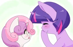 Size: 1024x673 | Tagged: safe, artist:luxjii, sweetie belle, twilight sparkle, pony, unicorn, accessory swap, alternate hairstyle, ask nerdy twilight, blushing, bust, cute, diasweetes, duo, eyes closed, friendshipping, glasses, open mouth, portrait, profile, twiabetes