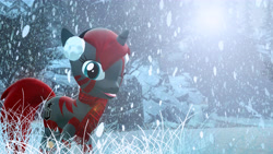 Size: 6800x3840 | Tagged: safe, artist:bwablack, oc, oc only, oc:pony black, hybrid, pony, unicorn, zony, 3d, clothes, earmuffs, forest, gmod, grass, lens flare, looking at you, photoshop, scarf, snow, snowfall, solo, tongue out, winter