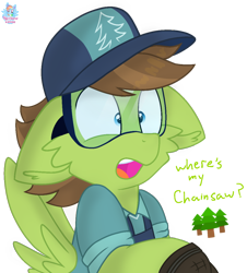 Size: 1008x1117 | Tagged: safe, artist:rainbow eevee, douglas spruce, evergreen, pegasus, pony, apron, blue eyes, cap, cheek fluff, clothes, cute, floppy ears, hat, male, open mouth, shirt, simple background, solo, spread wings, teeth, text, transparent background, tree, wings