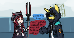 Size: 1344x682 | Tagged: safe, artist:spheedc, oc, oc:dream chaser, semi-anthro, unicorn, arknights, clothes, comic, digital art, hoodie, lance, male, speech bubble, stallion, vigna, weapon