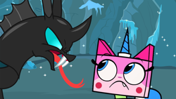 Size: 1024x577 | Tagged: safe, artist:frownfactory, artist:kingprui40, artist:roxy-cream, edit, thorax, changeling, angry, cave, crossover, fangs, female, frown, hissing, kitten, looking at each other, male, scared, tooth, unikitty, unikitty! (tv series), vector, vector edit