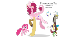 Size: 1370x695 | Tagged: safe, artist:magicuniclaws, discord, pinkie pie, oc, oc:peppermint pie, draconequus, earth pony, hybrid, pony, discopie, female, interspecies offspring, male, offspring, parent:discord, parent:pinkie pie, parents:discopie, shipping, simple background, straight, transparent background