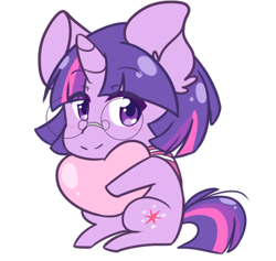 Size: 544x516 | Tagged: safe, artist:sketchsartblog, twilight sparkle, unicorn twilight, pony, unicorn, alternate hairstyle, ask nerdy twilight, blushing, chibi, cute, ear fluff, glasses, heart, simple background, sitting, solo, transparent background, twiabetes