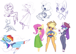 Size: 4093x2894 | Tagged: safe, artist:holivi, applejack, fluttershy, pinkie pie, rainbow dash, rarity, anthro, beatnik rarity, beret, clothes, cloud, cowboy hat, hat, sketch, sketch dump, skirt, socks, stetson, sweater, swimsuit