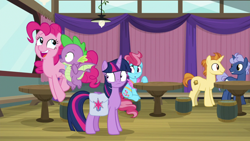 Size: 1920x1080 | Tagged: safe, screencap, cup cake, golden crust, midnight snack (character), pinkie pie, spike, twilight sparkle, twilight sparkle (alicorn), alicorn, dragon, earth pony, pony, a trivial pursuit, bag, friendship student, saddle bag, winged spike