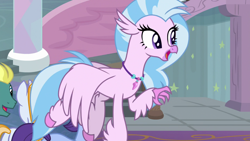 Size: 1280x720 | Tagged: safe, screencap, silverstream, classical hippogriff, hippogriff, school daze, claws, female, flapping, flying, jewelry, necklace, open mouth, pearl necklace, school of friendship, smiling, solo focus, talons, teenager, transition