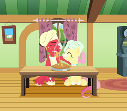 Size: 2200x1920 | Tagged: safe, anonymous artist, big macintosh, fluttershy, pegasus, pony, series:fm holidays, alternate hairstyle, apple, apple pie, apron, chef's hat, clothes, eyes closed, female, flour, fluttermac, fluttershy's cottage, food, hair bun, hat, hoof on shoulder, kitchen, lineless, looking at each other, male, messy, pi, pi day, pie, shipping, straight
