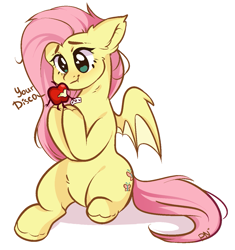 Size: 1177x1252 | Tagged: safe, artist:pledus, fluttershy, bat pony, living apple, pony, the big mac question, apple, bat ponified, cute, female, flutterbat, food, heart eyes, implied discoshy, implied shipping, implied straight, mare, race swap, shyabates, shyabetes, simple background, white background, wingding eyes