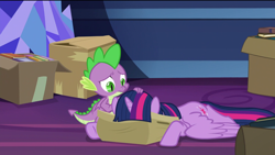 Size: 1920x1080 | Tagged: safe, screencap, spike, twilight sparkle, twilight sparkle (alicorn), alicorn, dragon, pony, the last problem, box, comforting, faceplant, frown, sad, winged spike