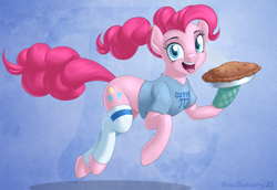 Size: 1016x697 | Tagged: safe, artist:brianblackberry, pinkie pie, earth pony, pony, alternate hairstyle, bottomless, clothes, cute, diapinkes, female, food, happy, looking at you, mare, open mouth, open smile, oven mitt, partial nudity, pi day, pie, ponytail, shirt, smiling, smiling at you, socks, solo, t-shirt