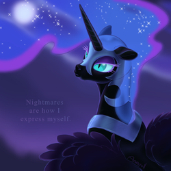 Size: 1280x1280 | Tagged: safe, artist:arareroll, nightmare moon, alicorn, pony, beautiful, bust, ethereal mane, female, full moon, helmet, mare, moon, night, ruffled feathers, sky, slit eyes, solo, starry mane, text, wing fluff