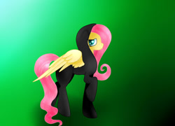 Size: 1000x720 | Tagged: safe, artist:prandoraa, fluttershy, pegasus, pony, 2016, catsuit, clothes, cute, flutterspy, green background, hoodie, long tail, shyabetes, simple background, stealth suit, worried