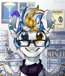 Size: 2200x2565 | Tagged: safe, alternate version, artist:trickate, oc, oc only, oc:alan, pegasus, pony, bust, clothes, laboratory, looking at you, male, portal (valve), portrait, poster, rcf community, scarf, solo, stallion