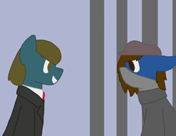 Size: 1510x1165 | Tagged: safe, artist:derpy_the_duck, oc, oc:clint, oc:lucky, earth pony, fallout equestria, clothes, hat, mafia, prison cell, suit