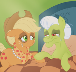 Size: 1493x1413 | Tagged: safe, artist:itoruna-the-platypus, applejack, granny smith, earth pony, pony, the last problem, bed, bittersweet, crying, death bed, dying, female, grandmother and grandchild, grandmother and granddaughter, mare, older, older applejack, sad, this will end in death, this will end in tears, this will end in tears and/or death