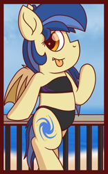 Size: 1200x1920 | Tagged: safe, alternate version, artist:thebadbadger, oc, oc:vía láctea, bat pony, beach, bikini, bipedal, clothes, swimsuit