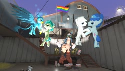 Size: 1280x720 | Tagged: safe, artist:horsesplease, double diamond, gallus, party favor, sandbar, trouble shoes, 3d, budweiser, drunk, drunken shoes, gallbar, gay, gay pride flag, gmod, male, mudsdale, partydiamond, pokémon, pride, pride flag, shipping, super gay