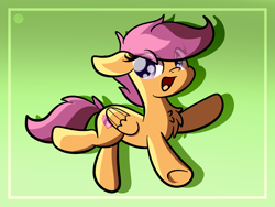 Size: 2560x1920 | Tagged: safe, artist:kimjoman, scootaloo, pegasus, pony, chest fluff, cute, cutealoo, eye clipping through hair, female, filly, floppy ears, green background, open mouth, simple background, solo