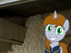 Size: 605x449 | Tagged: safe, artist:brisineo, edit, oc, oc only, oc:littlepip, pony, unicorn, fallout equestria, clothes, coronavirus, covid-19, crazy face, faic, fanfic, fanfic art, female, grin, horn, looking at you, mare, meme, photo, smiling, solo, toilet paper, toilet paper shortage, vault suit