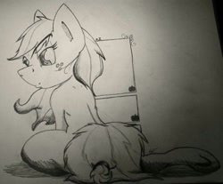 Size: 1024x846 | Tagged: safe, artist:lucas_gaxiola, applejack, earth pony, pony, female, freckles, irl, lineart, mare, missing accessory, photo, sitting, solo, traditional art, underhoof