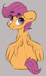 Size: 1227x2000 | Tagged: safe, artist:spoopygander, scootaloo, pegasus, pony, eyebrows visible through hair, female, filly, looking back, rear view, simple background, sitting, solo