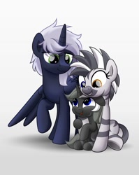 Size: 800x1004 | Tagged: safe, artist:jhayarr23, oc, oc only, oc:iridis flash, oc:jadi, oc:quantum flash, alicorn, pony, zebra, family, female, heterochromia, male, mare, married couple, parent:jadi, parent:quantum flash, stallion