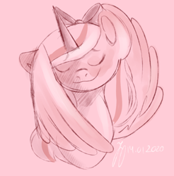 Size: 1062x1080 | Tagged: safe, artist:jenstercreations, oc, oc:fleurbelle, alicorn, adorabelle, adorable face, alicorn oc, bow, covering, cute, eyes closed, female, hair bow, mare, pink background, simple background, smiling, wing covering