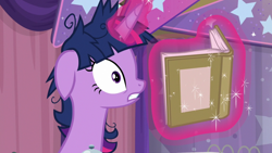 Size: 1920x1080 | Tagged: safe, screencap, twilight sparkle, twilight sparkle (alicorn), alicorn, a trivial pursuit, bell, book, floppy ears, messy mane, solo