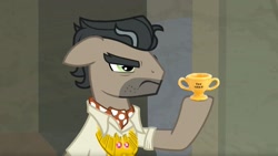 Size: 1677x944 | Tagged: safe, edit, edited screencap, screencap, doctor caballeron, earth pony, pony, daring doubt, caballeron's item, floppy ears, frown, male, solo, stallion, truth talisman, unamused, you tried