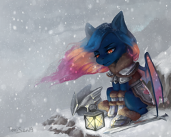 Size: 5000x4000 | Tagged: safe, artist:torisan, oc, oc only, bat pony, pony, bat pony oc, clothes, helmet, lantern, mountain, multicolored hair, rainbow hair, sitting, snow, solo, windswept mane, ych result