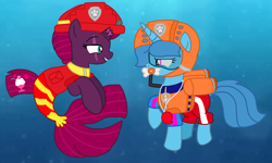 Size: 1799x1080 | Tagged: safe, artist:徐詩珮, fizzlepop berrytwist, spring rain, tempest shadow, seapony (g4), unicorn, series:sprglitemplight diary, series:sprglitemplight life jacket days, series:springshadowdrops diary, series:springshadowdrops life jacket days, base used, broken horn, clothes, cute, female, horn, lesbian, lifeguard, lifeguard spring rain, paw patrol, photo, seaponified, seapony tempest shadow, shipping, snorkeling, species swap, spring rain is not amused, springbetes, springshadow, swimsuit, tempestbetes, unamused