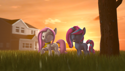 Size: 1920x1080 | Tagged: safe, artist:sashagemini, oc, oc only, oc:sasha gemini, oc:wubby dubby, pegasus, pony, unicorn, 3d, amulet, female, filly, house, jewelry, source filmmaker, sunset, tree