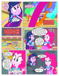 Size: 612x792 | Tagged: safe, artist:greatdinn, artist:newbiespud, edit, edited screencap, screencap, pinkie pie, spike, twilight sparkle, dog, collaboration, comic:friendship is dragons, equestria girls, equestria girls (movie), animal, backpack, clothes, comic, cutie mark on clothes, dialogue, female, frown, lip bite, looking up, male, pointing, screencap comic, shrug, spike the dog, streamers, unamused, wide eyes, wrapped up