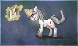 Size: 833x499 | Tagged: safe, artist:avui, oc, oc only, oc:unknown, unicorn, fanfic, magic, quill, scroll, solo, tongue out