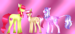 Size: 5183x2360 | Tagged: safe, artist:clay-bae, apple bloom, diamond tiara, oc, oc:calypso, earth pony, pony, diamondbloom, female, high res, lesbian, magical lesbian spawn, mare, offspring, parent:apple bloom, parent:diamond tiara, parents:diamondbloom, shipping